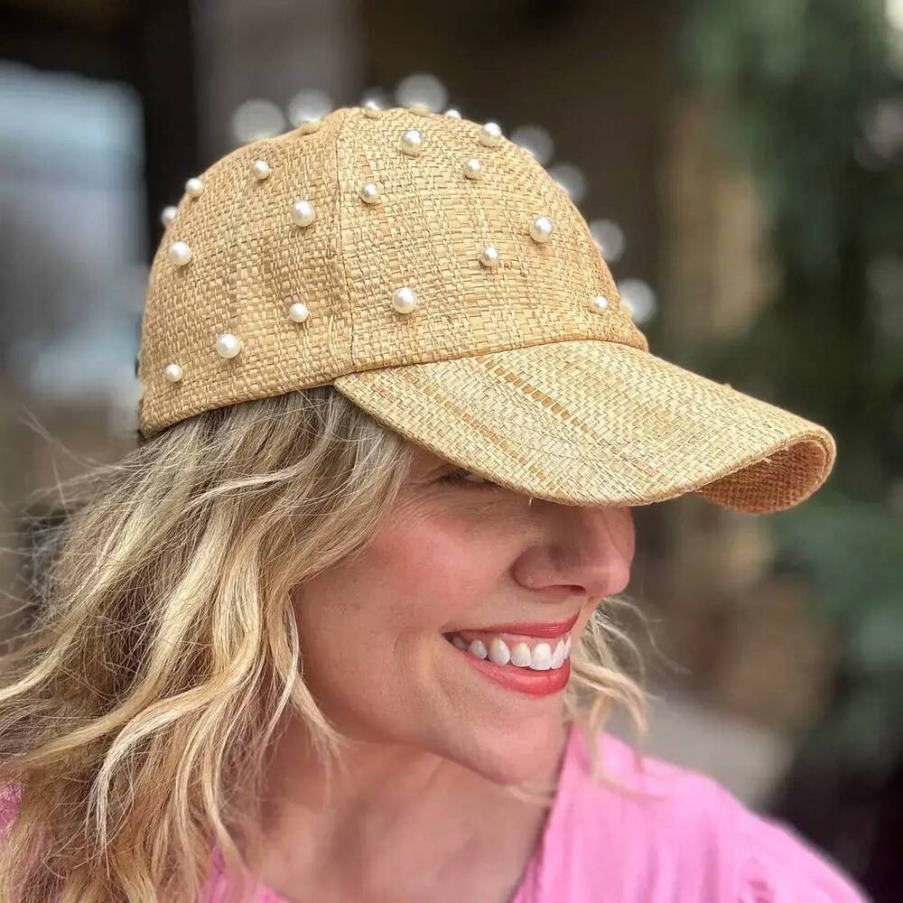 NEW TAYLOR ELLIOTT DESIGNS clara raffia ball cap with pearl accents in beige